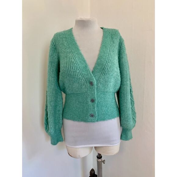 VTG 90s y2k Green Knit Cropped Sweater Mutton Sleeves Cable Argyle Cardigan Med - Picture 6 of 16